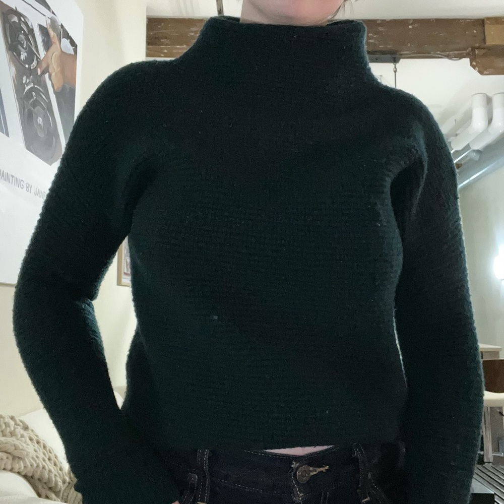 Green Madewell sweater. Cozy mockneck